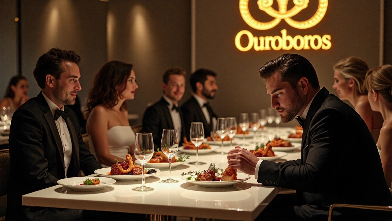 The dimly lit, opulent interior of Ouroboros.