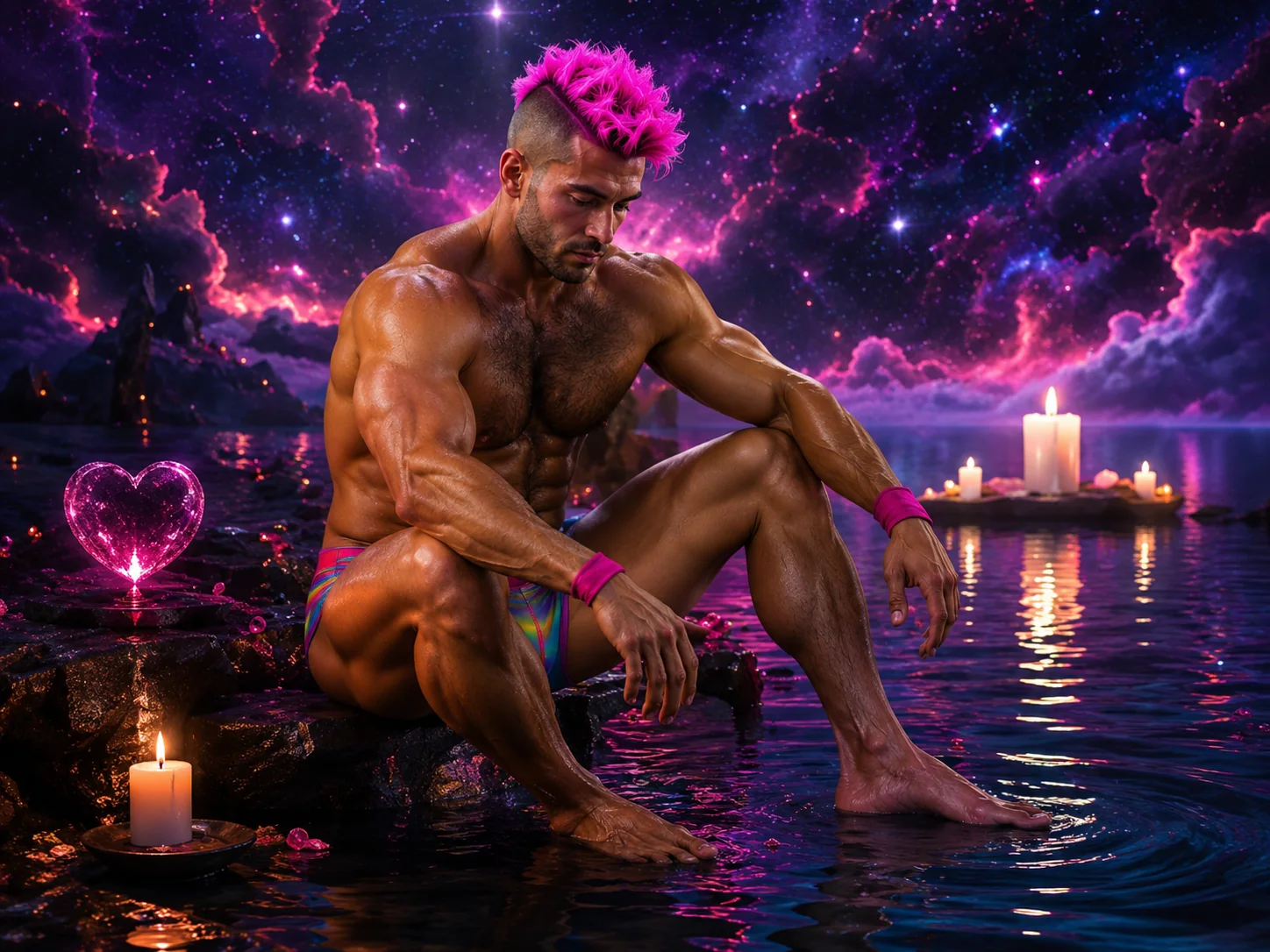 Merkin sits beside candles and reflective water under a violet sky.