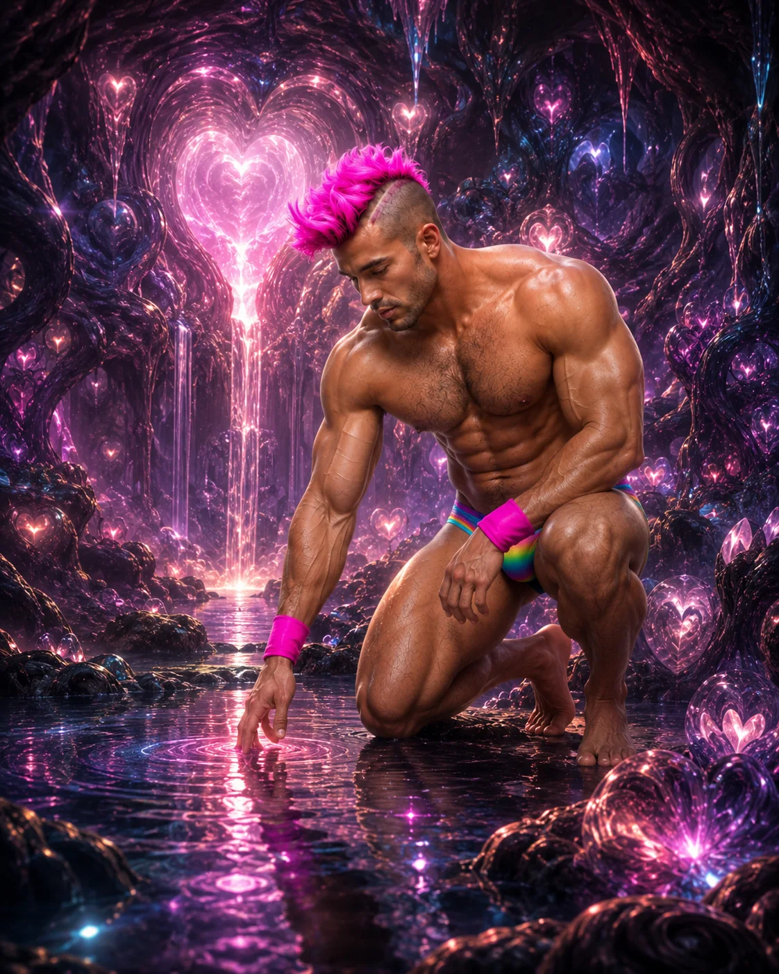 Merkin kneels in glittering violet light beside a glowing heart.