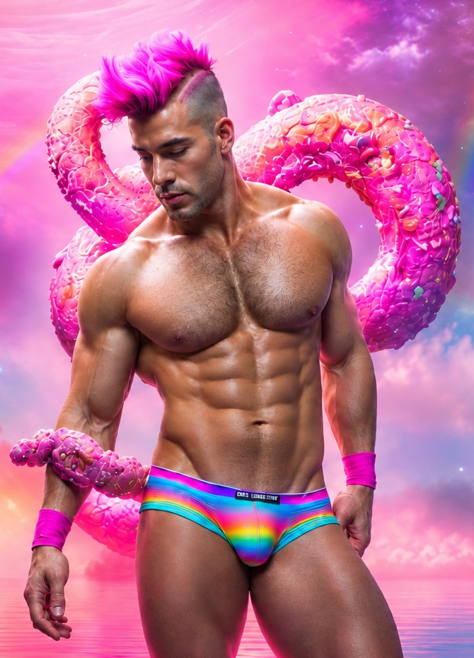Merkin stands in rainbow briefs beneath a pink sky with a large pink serpent-like loop behind him.