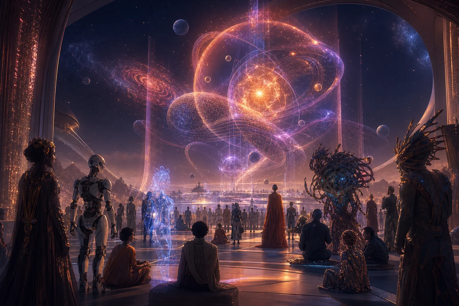 Human, machine, biological, and light-based citizens contemplating a shared artwork