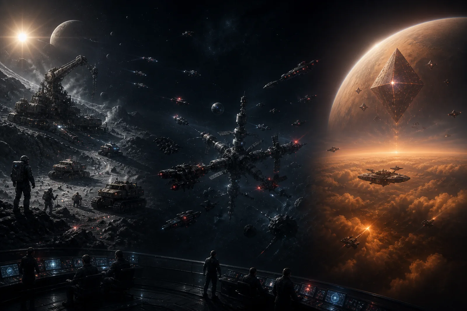 Linked mining, station, and anomaly crises testing interplanetary coordination