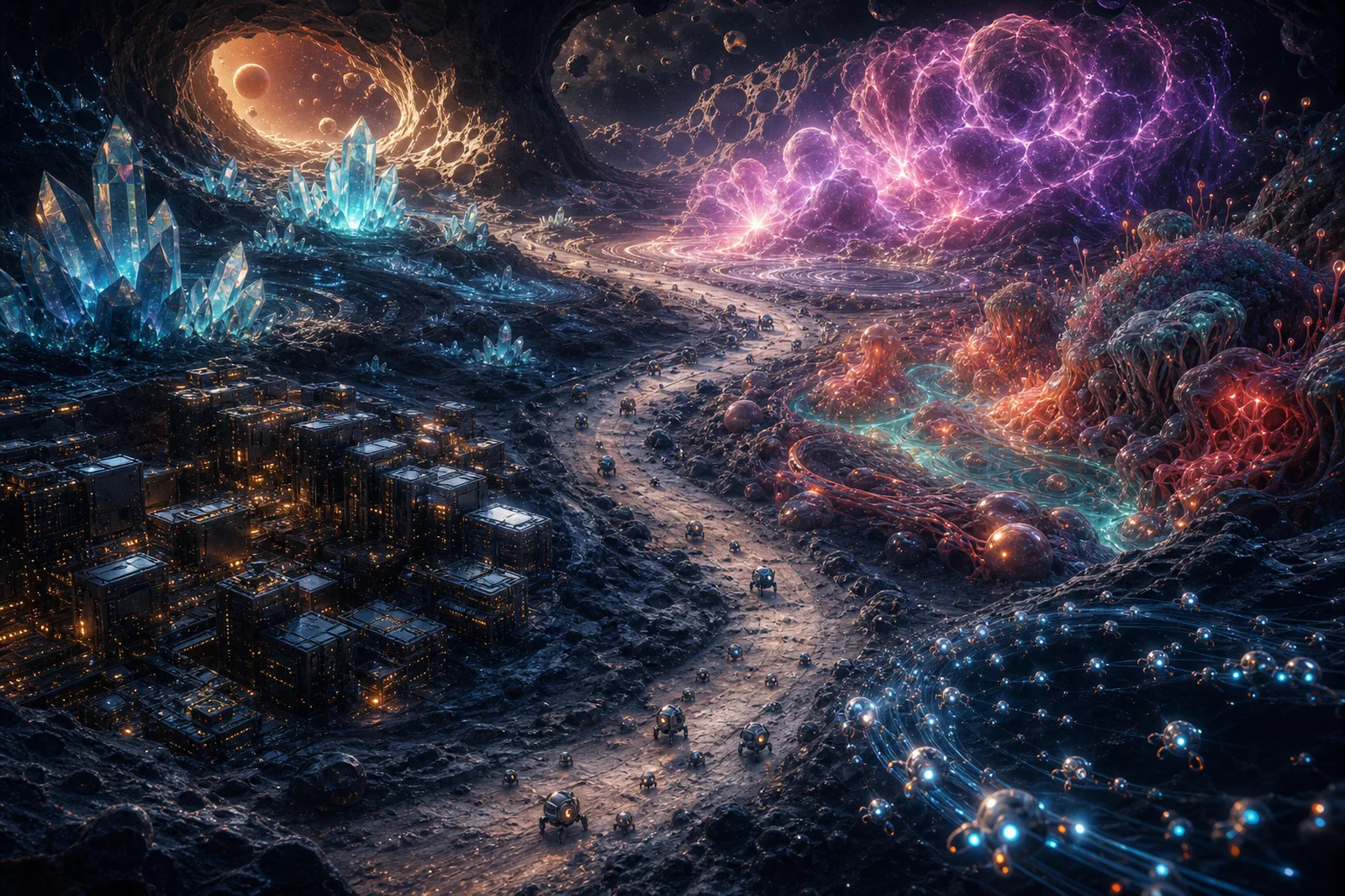 Crystalline, mechanical, biological, plasma, and swarm intelligences sharing an asteroid habitat