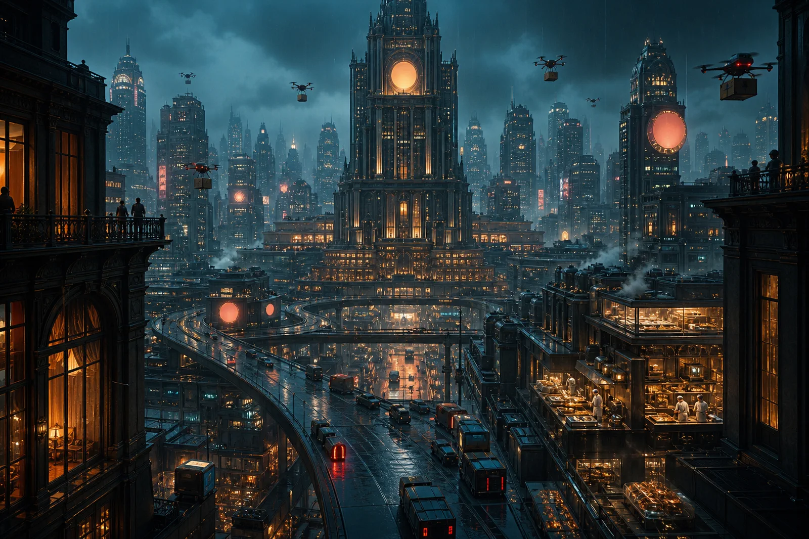 A rain-slick franchise megacity organized around one immense executive tower