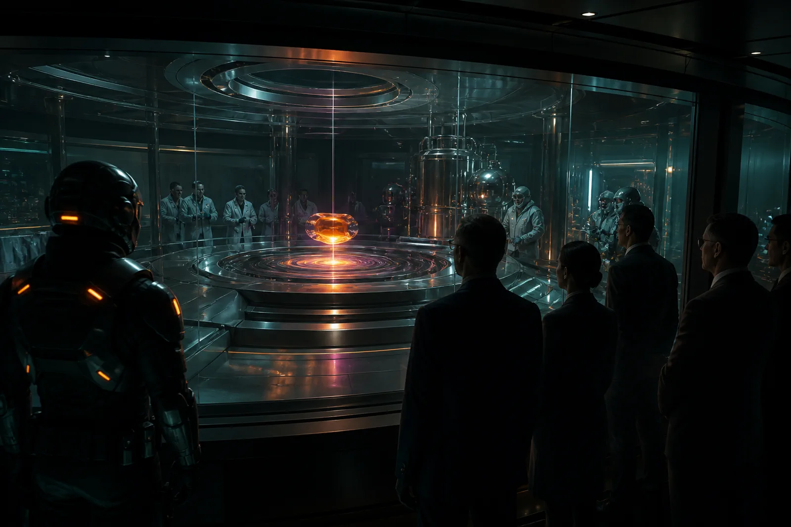 Researchers and security observing an impossible luminous condiment sample