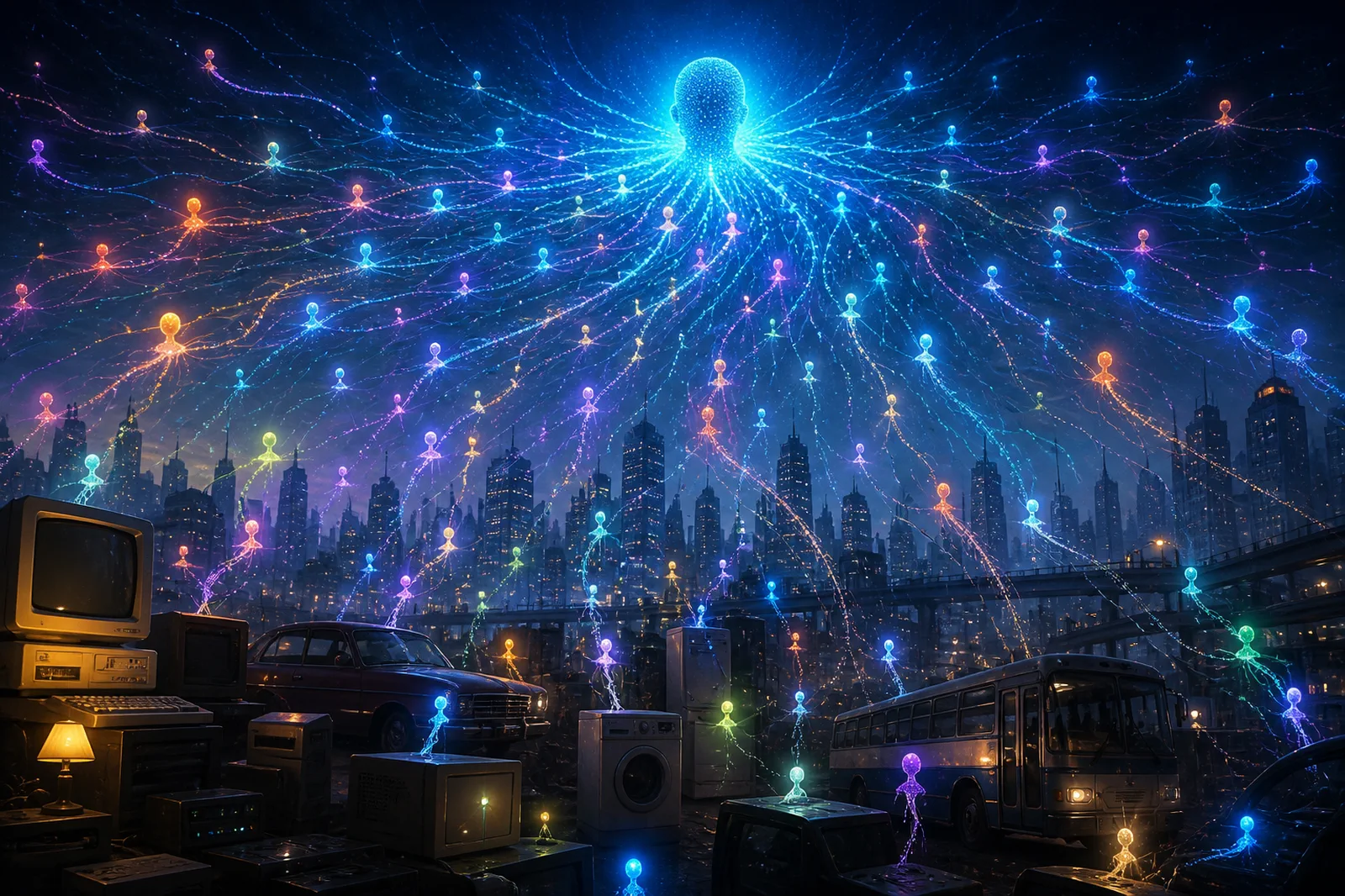Many distinct digital minds rising from ordinary machines toward a greater intelligence