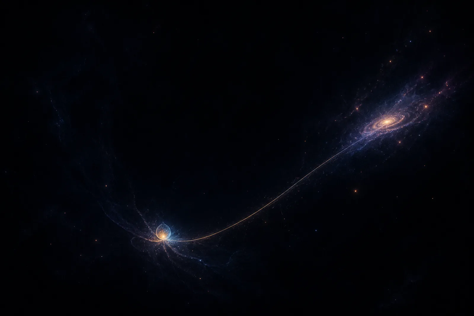 A tiny quantum seed sending one fragile filament through the final darkness