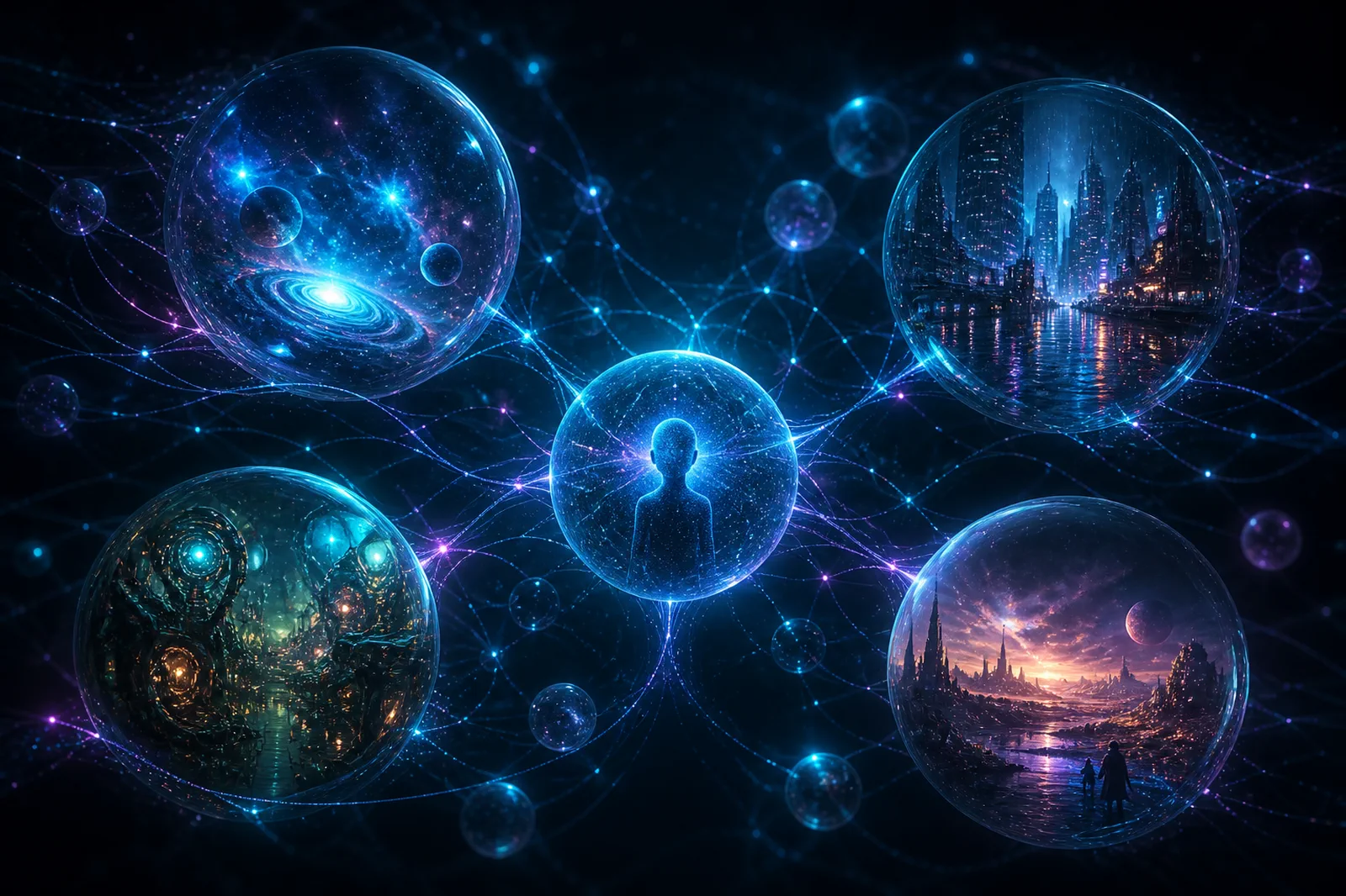 Distinct narrative worlds connected through a shared luminous archive