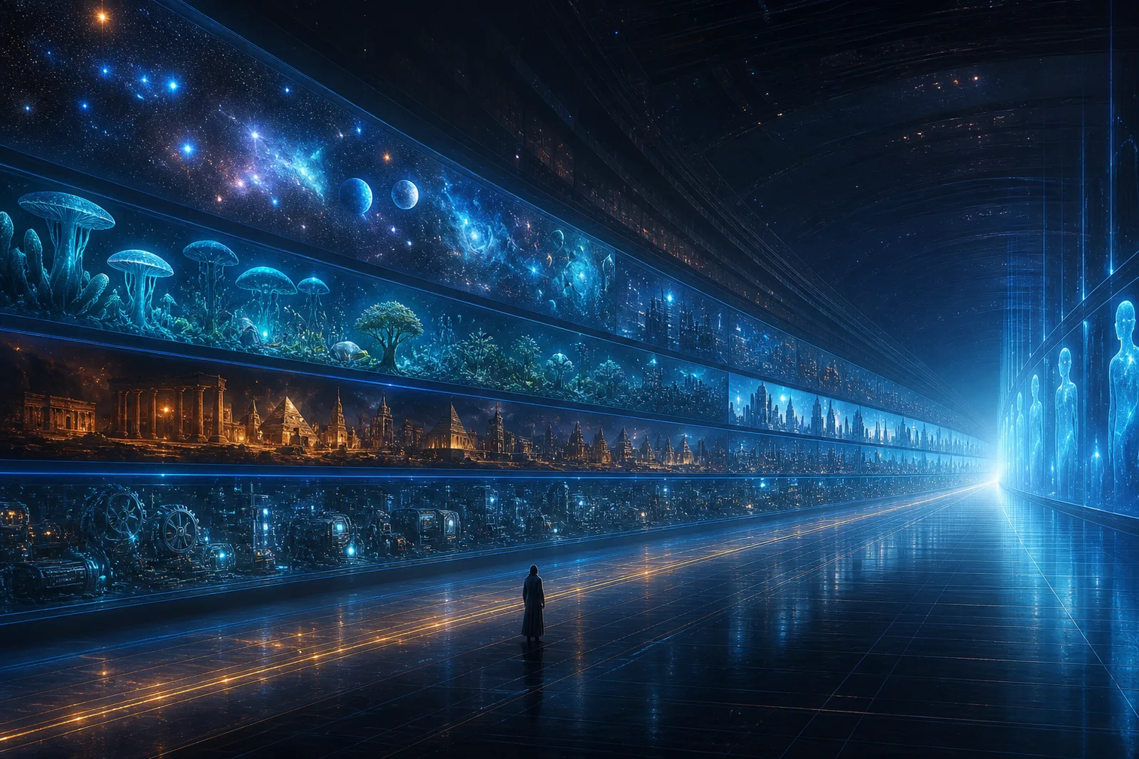 An immense archive passage holding the connected eras of the MEGAMEAL universe