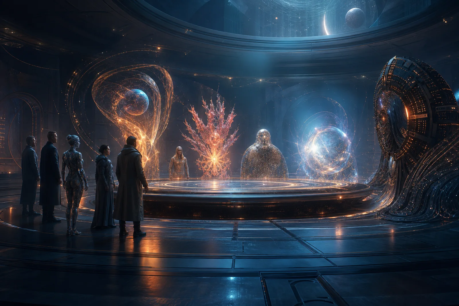 Human and posthuman delegates negotiating with several nonhuman intelligences