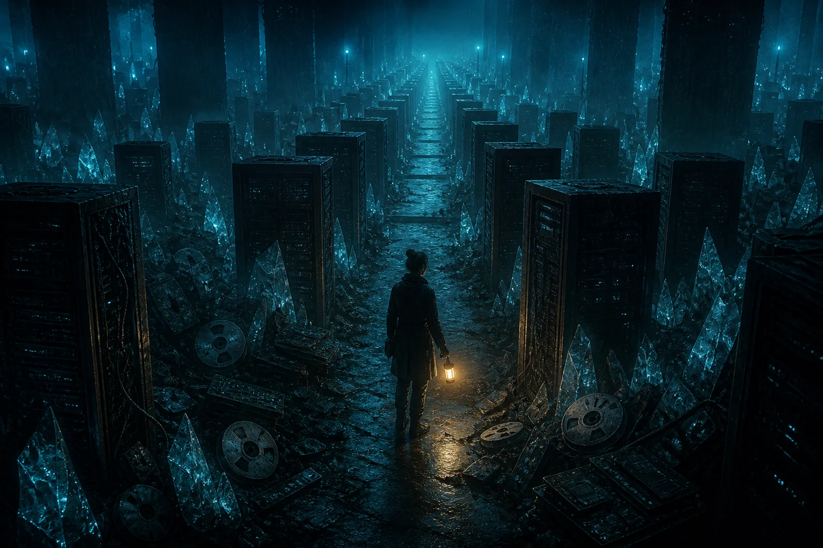 An archivist crossing a cemetery of obsolete servers and unreadable memory shards