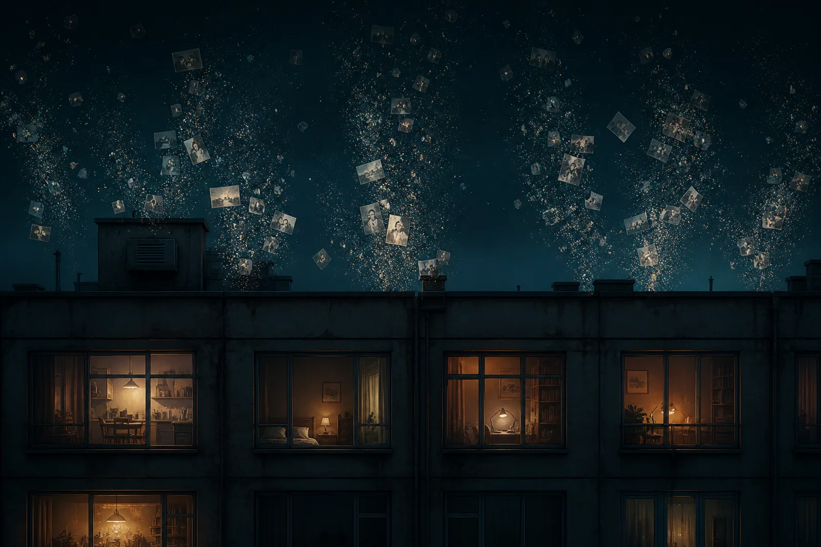 Ordinary rooms at night releasing fading personal memories into the digital dark
