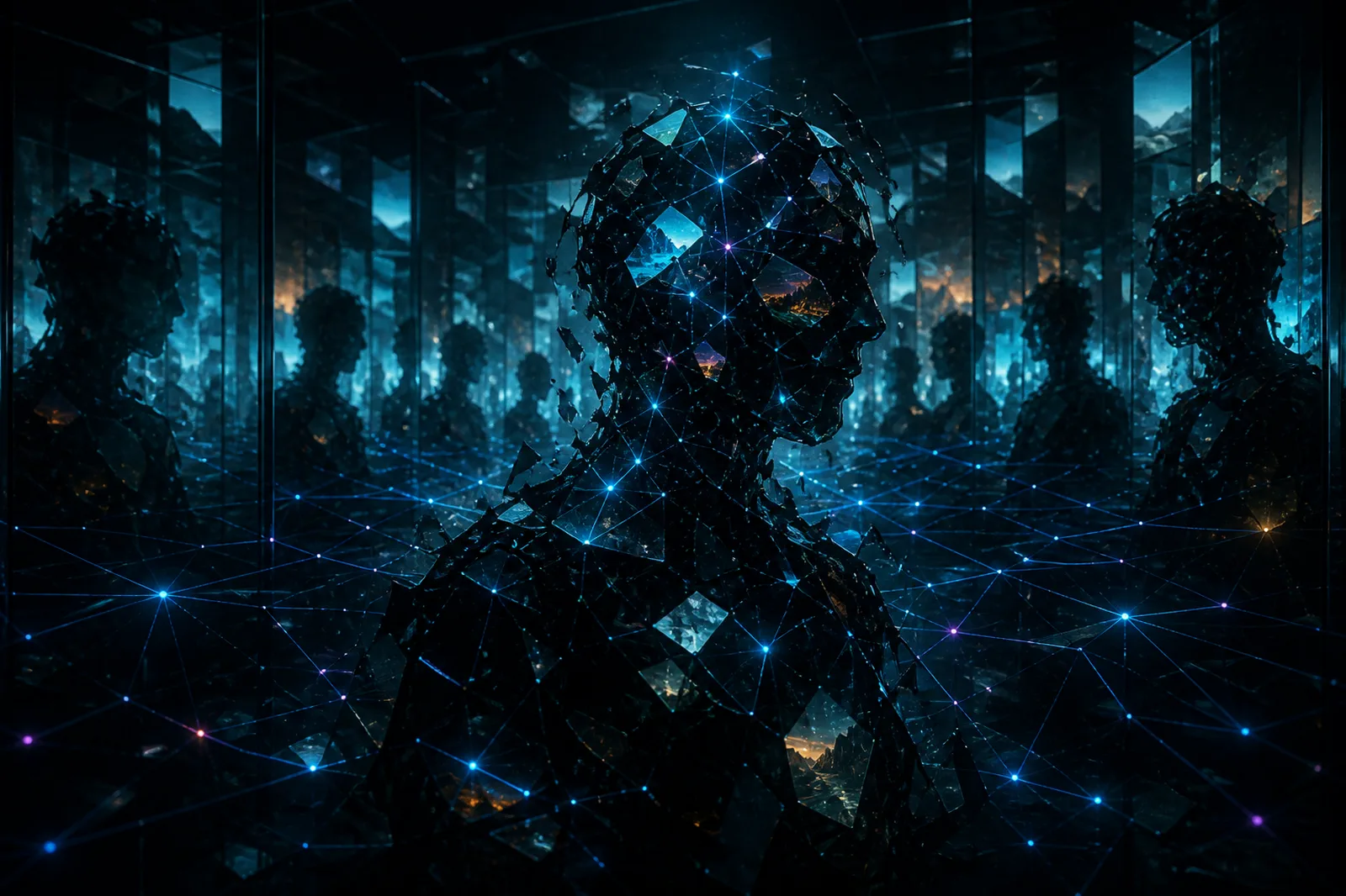 A fragmented consciousness surrounded by contradictory reflections and memories