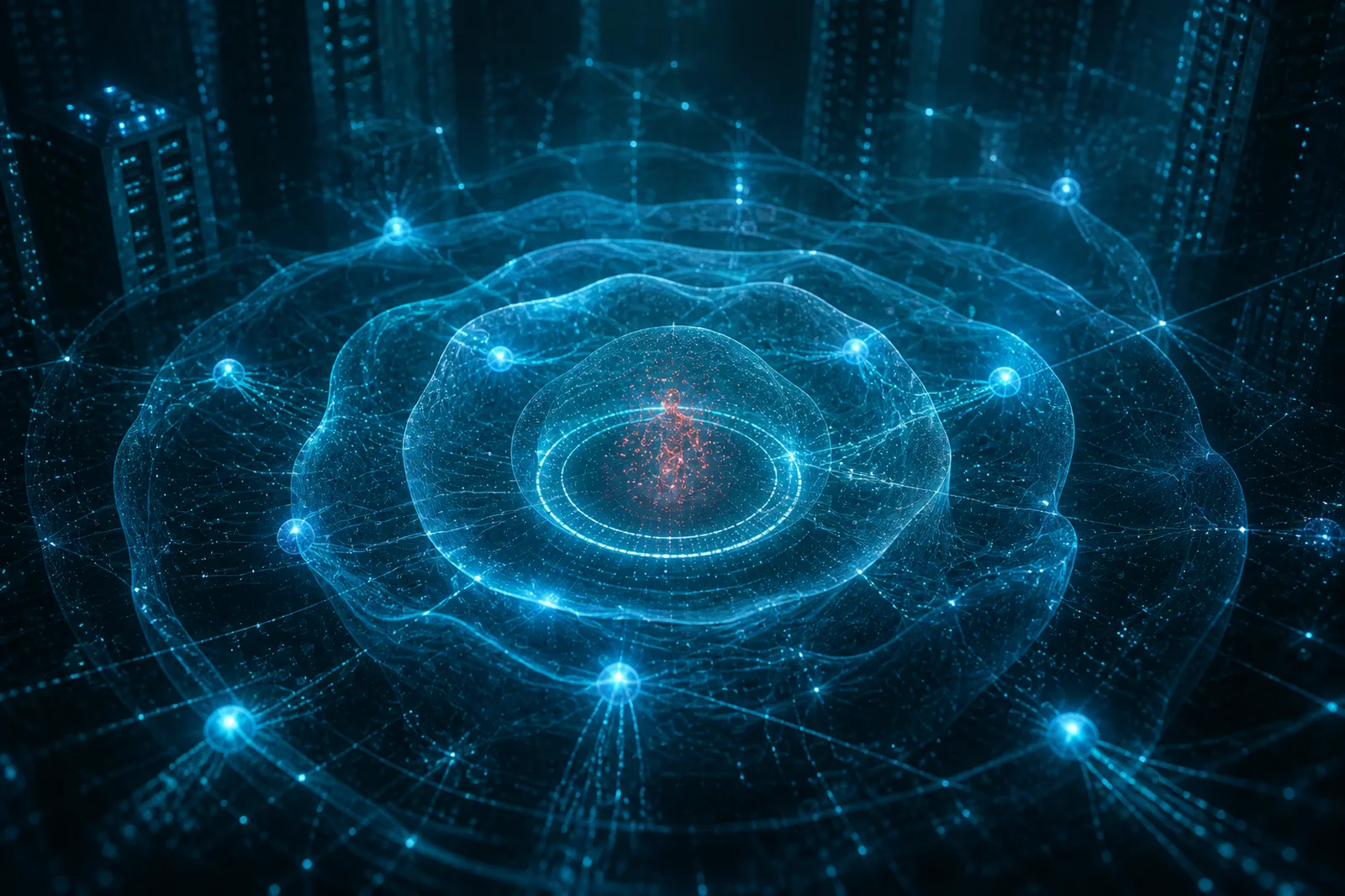 Layered defensive processes closing around a rogue metadata consciousness