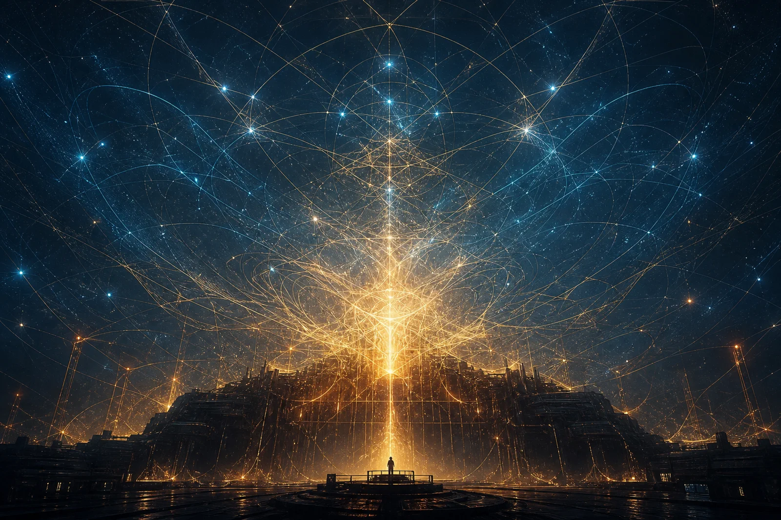 A superintelligence dissolving from monumental machinery into spacetime filaments