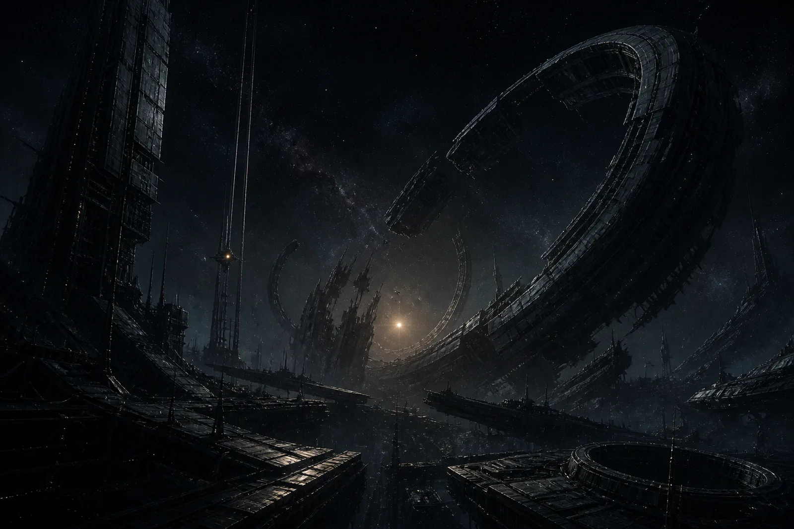 Abandoned megastructures surrounding the fading beacon of a silent civilization