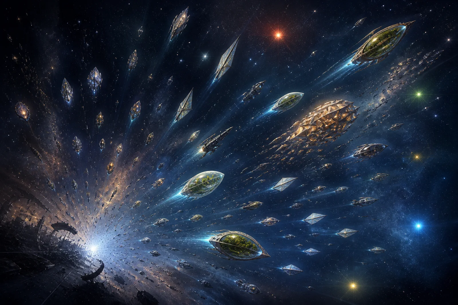 Biological, digital, and hybrid seed vessels scattering toward distant stars