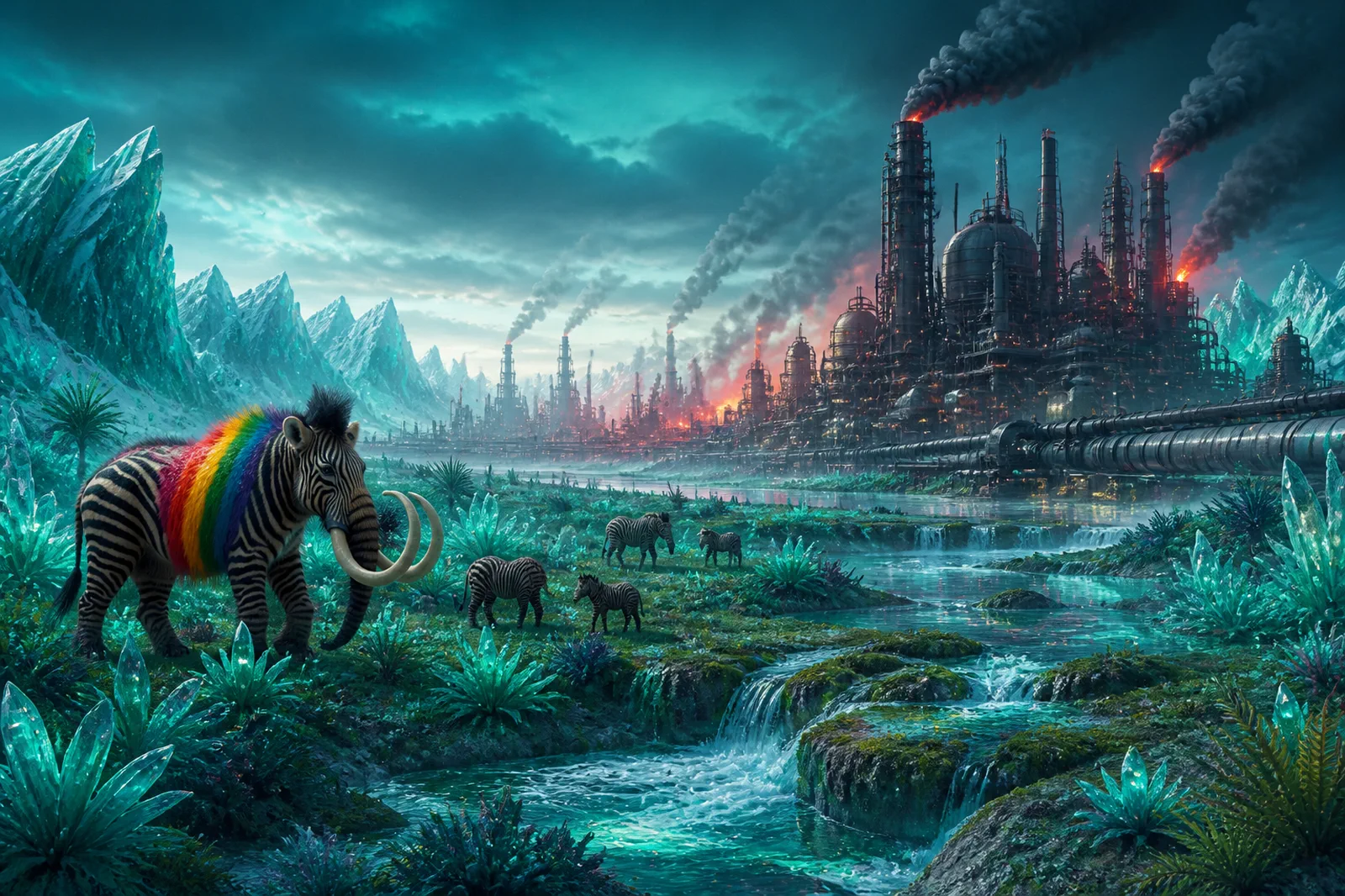 Quarnivor's crystalline wilderness overtaken by immense corporate refineries