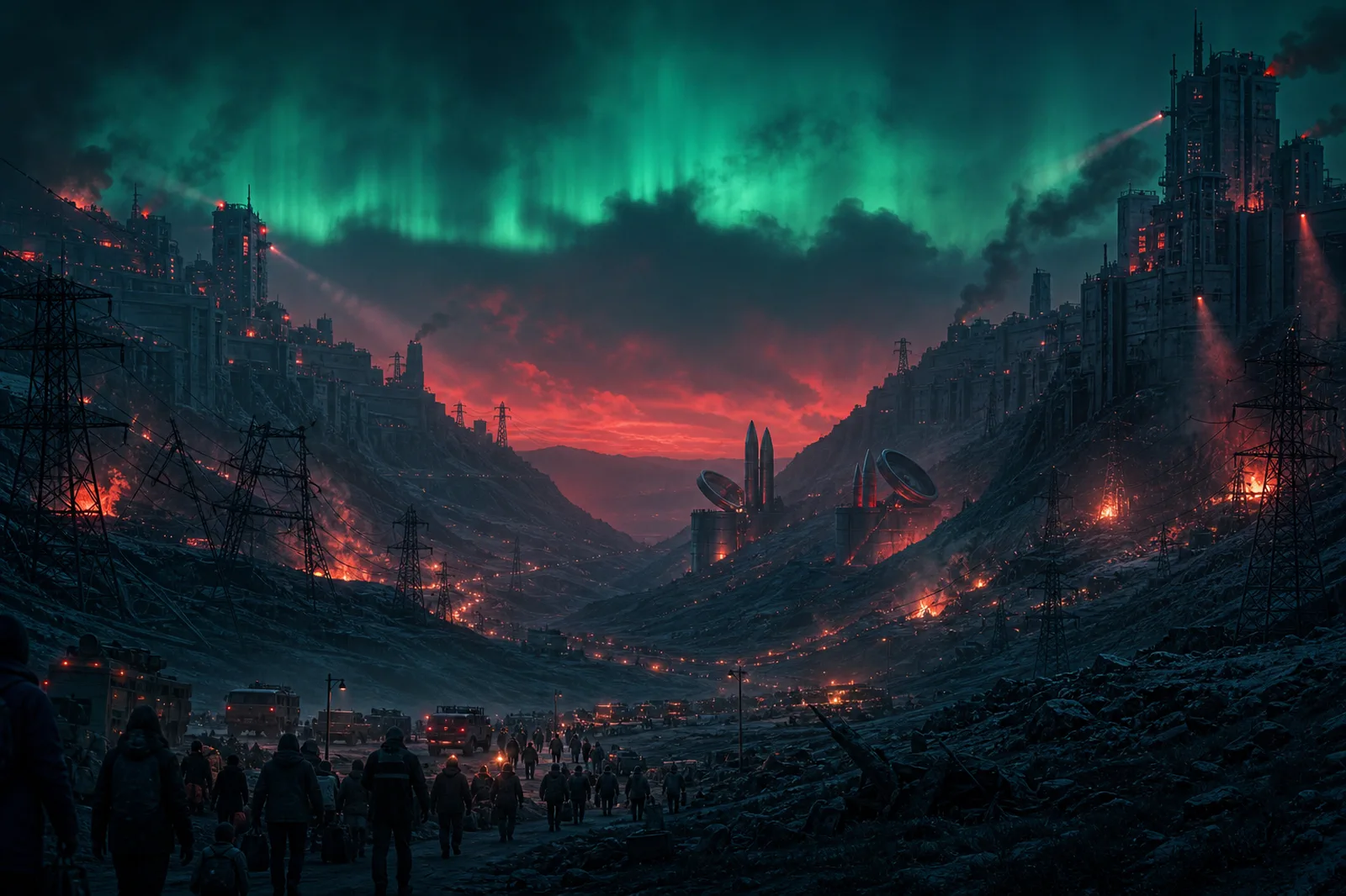 Evacuees crossing a devastated valley as fortified districts prepare for nuclear war