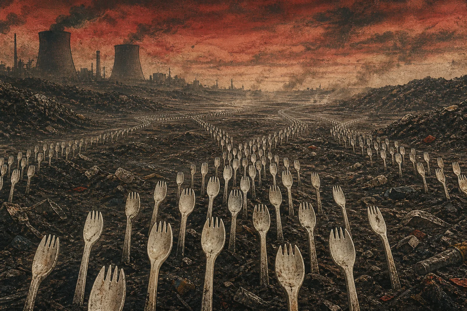 Organized formations of discarded sporks crossing a poisoned industrial landscape